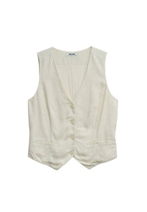 Gilet beige sans manches avec col en V, quatre boutons sur le devant, deux poches fendues à l’avant et un tissu subtilement texturé.