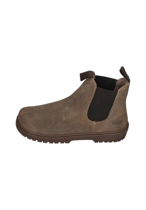 Brown suede ankle boot with pull tabs and black elastic side panels, flat rubber sole, and branded detail near the heel.
