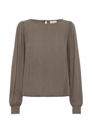 Brun langærmet bluse i letvægtsstof med rundt halsudskæring, elastiske cuffs og en lille åbning bagpå med knapdetalje.
