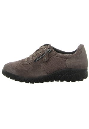 Brown suede sneakers with textured detailing, round toe, lace-up front, side zipper, and black rubber outsole featuring a geometric pattern.