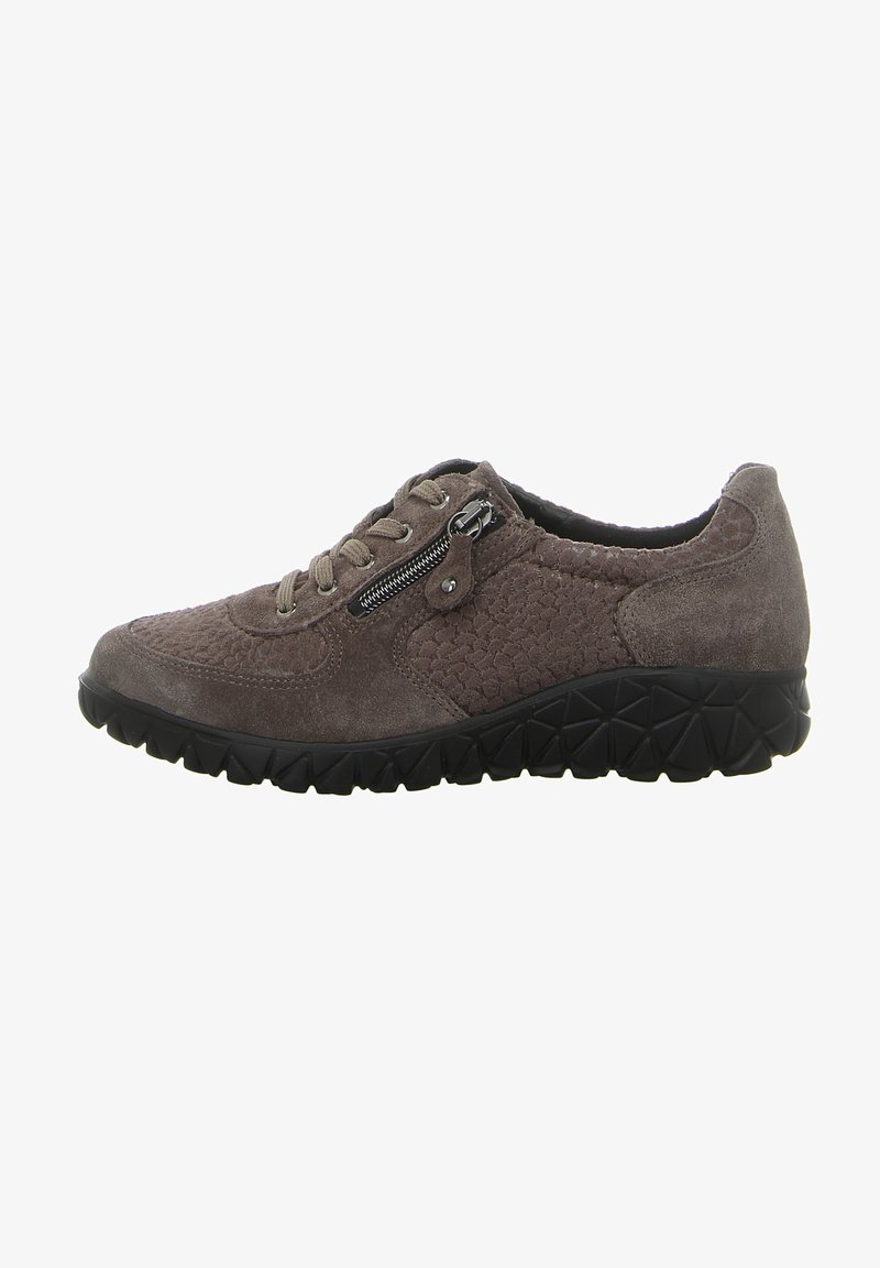 Brown suede sneakers with textured detailing, round toe, lace-up front, side zipper, and black rubber outsole featuring a geometric pattern.