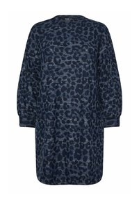 Robe bleu marine avec un motif léopard, manches longues, col rond et coupe décontractée, fabriquée dans un tissu doux.