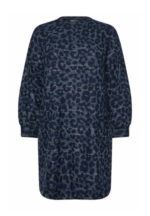 Kleid in Marineblau mit einem Leopardenmuster, langen Ärmeln, rundem Ausschnitt und lässiger Passform, gefertigt aus weichem Stoff.