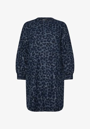 Kleid in Marineblau mit einem Leopardenmuster, langen Ärmeln, rundem Ausschnitt und lässiger Passform, gefertigt aus weichem Stoff.