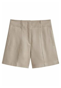 Beige shorts räätälöidyt vyölenkeillä, sivutaskuilla ja etusaumalla, valmistettu kevyestä kankaasta.