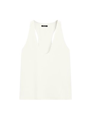 Weißes ärmelloses Tanktop mit Rundhalsausschnitt und Racerback-Design, vor weißem Hintergrund dargestellt.