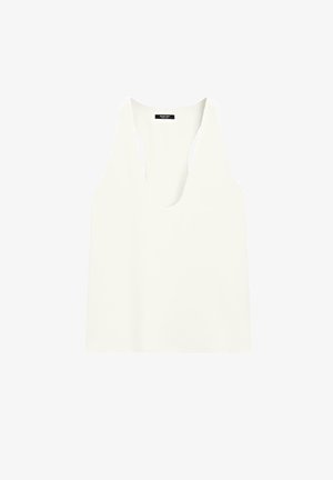 Weißes ärmelloses Tanktop mit Rundhalsausschnitt und Racerback-Design, vor weißem Hintergrund dargestellt.