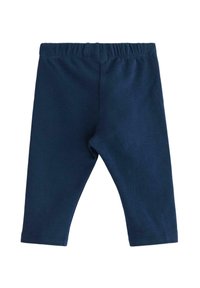 Mörkblå bomullsleggings med elastisk midja, avsmalnande ben och en slät yta. Inga mönster eller ytterligare dekorationer.