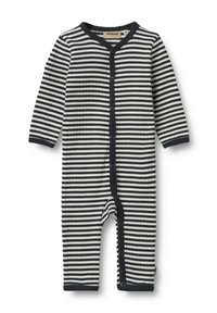Svart och vit långärmad babydräkt med horisontella ränder, tryckknappar framtill och ribbad textur.