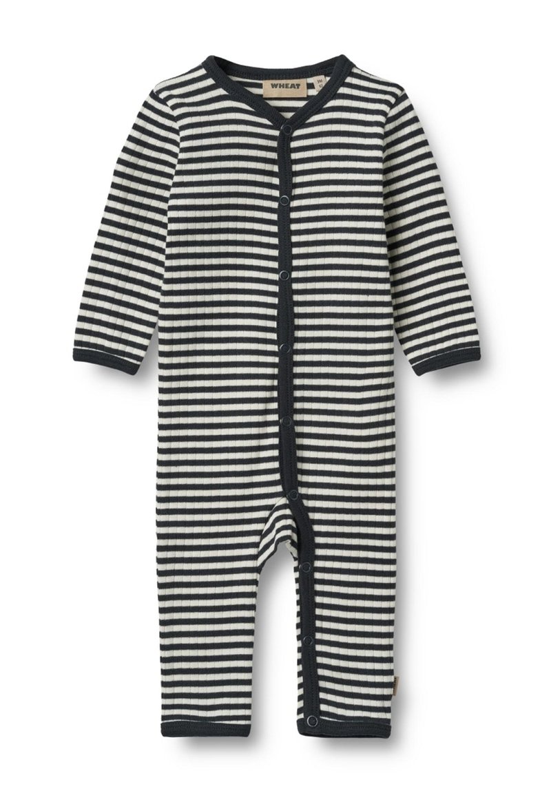 Svart och vit långärmad babydräkt med horisontella ränder, tryckknappar framtill och ribbad textur.