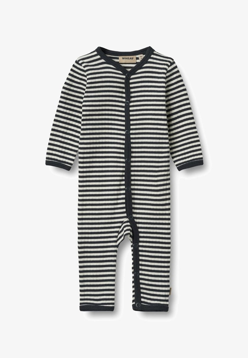 Black and white horizontal striped long-sleeve baby romper with snap buttons down the front and ribbed texture.
