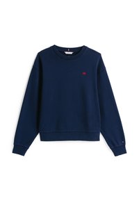 Marineblauwe sweatshirt van katoen, met een ronde hals, lange mouwen, geribde manchetten en een klein rood logo op de voorkant.