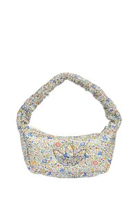 Borsa a mano con motivo floreale realizzata in tessuto, dotata di una tracolla imbottita e di un compartimento con zip. I colori includono bianco, blu e rosso con un logo.