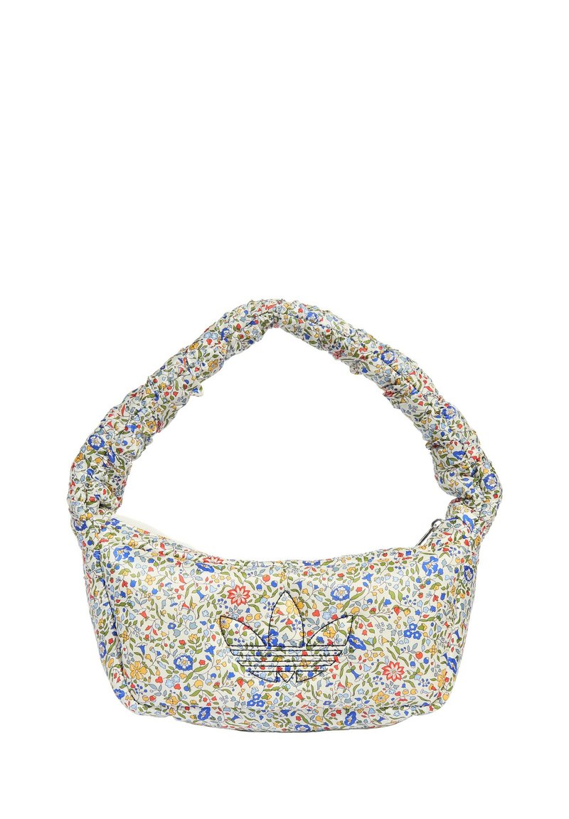 Borsa a mano con motivo floreale realizzata in tessuto, dotata di una tracolla imbottita e di un compartimento con zip. I colori includono bianco, blu e rosso con un logo.