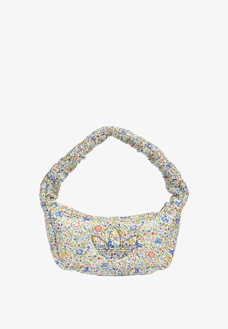 Taška s kvetinovým vzorom vyrobená z textilu, s polstrovaným popruhom a zipsovým vreckom. Farby zahŕňajú bielu, modrú a červenú s logom.