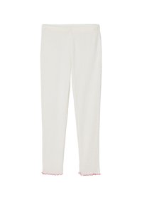 White ribbed knit leggings with elastic waistband and pink ruffled hems on plain white background.