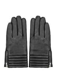 Czarne skórzane rękawiczki o gładkiej fakturze, z żeberkowym wzorem na mankietach i suwakiem po boku.