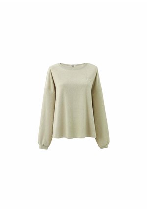 Sweatshirt long beige clair à manches longues avec un col rond, coupe oversize et texture douce. Comprend un logo subtil sur la poitrine.