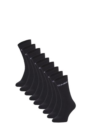 Schwarze Baumwollsocken mit geripptem oberen Teil, versehen mit weißem Logo-Schriftzug. Verpackt in einem Set von zehn, jeweils mit einer standardmäßigen Crew-Länge und glatter Textur.