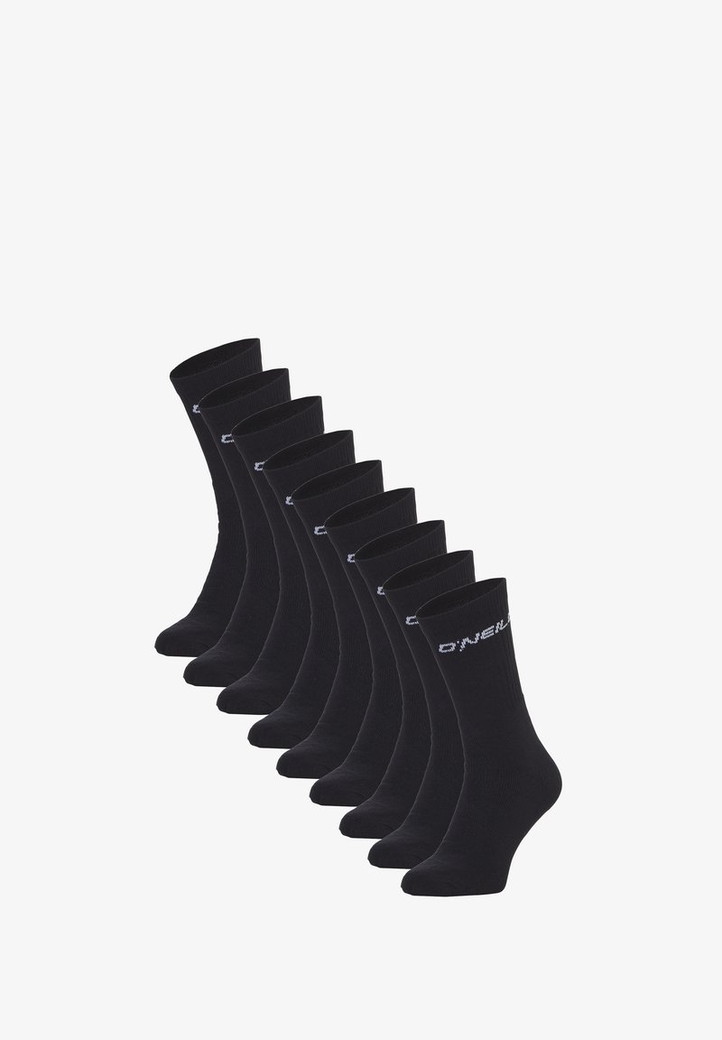 Chaussettes en coton noir avec un haut côtelé, ornées d'une inscription de logo blanche. Vendu par lot de dix, chacune ayant une longueur classique et une texture lisse.