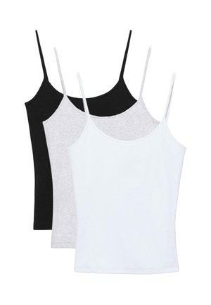 Trzy damskie topy na cienkich ramiączkach w kolorze białym, szarym i czarnym, ułożone warstwowo na białym tle.