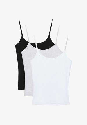 Drie damesspaghetti-tanktops in wit, grijs en zwart, gelaagd overlappend op een witte achtergrond.