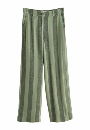 Pantalon large à rayures vertes avec passants de ceinture, bouton à l'avant, fermeture éclair et poches latérales.