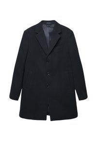 Cappotto di lana nero con design a un petto, revers a punta, tre bottoni, due tasche laterali e una tasca sul petto. Fodera interna liscia.