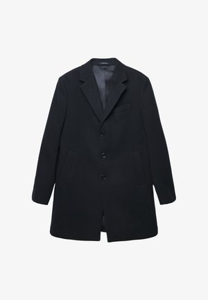 Cappotto di lana nero con design a un petto, revers a punta, tre bottoni, due tasche laterali e una tasca sul petto. Fodera interna liscia.