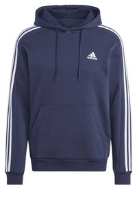 Laivastonsininen huppari, joka on valmistettu puuvillasekoitekankaasta. Siinä on etupuolella kengurutasku, valkoiset kolmiraidat hihoissa ja kirjailtu logo.