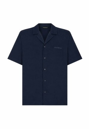 Camicia blu navy a maniche corte con bottoni, colletto camp e logo Emporio Armani sul petto sinistro.