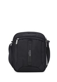 Borsa a spalla nera realizzata in nylon testurizzato, con una tasca frontale con zip, tracolla regolabile e un accento del logo sul davanti.