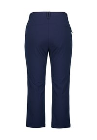 Tmavě modré kalhoty vyrobené z elastického materiálu, s pohodlným pasem, kapsou na zip a zúženým střihem nohavic.