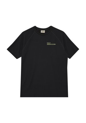Czarny, krótki rękaw, siateczkowy T-shirt z okrągłym dekoltem i żółtym tekstem „HALO 196819721981” na lewej piersi.