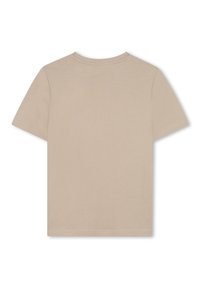 Beige T-skjorte med kort erme og rund hals, laget av mykt stoff. Har et enkelt, sømløst design og rett kant. Ingen grafikk eller mønstre.