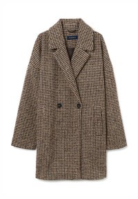 Abrigo de lana marrón a cuadros con cuello con muescas, cierre cruzado de doble botonadura, dos bolsillos frontales y mangas extragrandes.