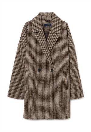 Brauner karierter Wollmantel mit Reverskragen, doppelt geknöpft, zwei Fronttaschen und übergroßen Ärmeln.