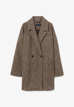 Brauner karierter Wollmantel mit Reverskragen, doppelt geknöpft, zwei Fronttaschen und übergroßen Ärmeln.