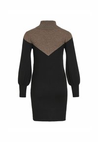 Abito in maglia con un corpo nero e una parte superiore marrone simile a un maglione. Collo alto e maniche a sbuffo, con una silhouette aderente.