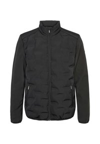 Zwarte gewatteerde jas met ritssluiting over de hele voorkant, opstaande kraag, lange mouwen en ritssluitingen aan de zijkanten.