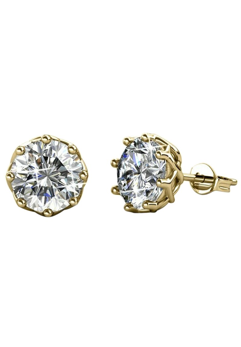 Gouden studoorbellen met ronde, heldere cubic zirconia stenen, bevestigd met kikkerinstellingen en een achterste sluiting.