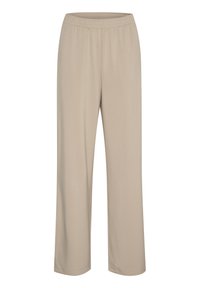 Pantalon beige à taille élastique avec une coupe décontractée, conçu en tissu doux. Il présente des jambes droites sans motifs ou accents supplémentaires.