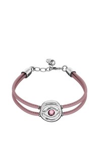 Pulsera de cuero rosa con un centro de metal de tono plateado que presenta un diseño de ojo y una piedra preciosa rosa en el centro.