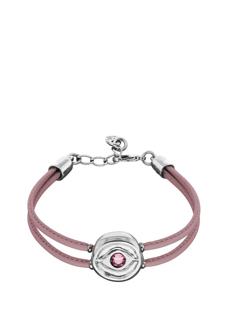 Pulsera de cuero rosa con un centro de metal de tono plateado que presenta un diseño de ojo y una piedra preciosa rosa en el centro.