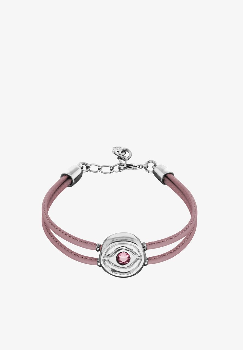 Pulsera de cuero rosa con un centro de metal de tono plateado que presenta un diseño de ojo y una piedra preciosa rosa en el centro.