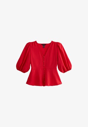 Rode peplumblouse met een V-hals, pofmouwen en een knopenrij aan de voorkant. Gemaakt van textiel met een lichtgewicht afwerking.