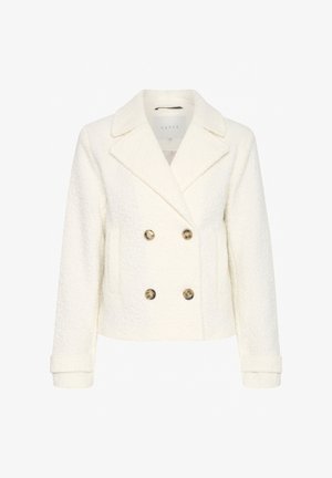 Biała podwójnie zapięta marynarka wykonana z teksturowanej tkaniny, z klapami typu notch i guzikami w kolorze złotym. Posiada boczne kieszenie oraz mankiety.