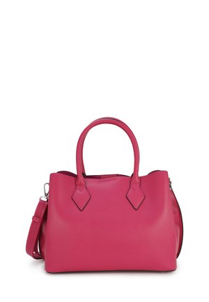 Roze gestructureerde leren handtas met dubbele handvatten en afneembare schouderriem, rechthoekige vorm, ritssluiting aan de bovenkant.