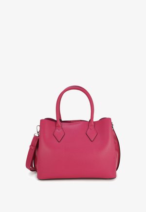 Roze gestructureerde leren handtas met dubbele handvatten en afneembare schouderriem, rechthoekige vorm, ritssluiting aan de bovenkant.