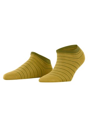 Chaussettes de cheville en vert olive et jaune moutarde avec des rayures alternées. Texture douce et design ajusté, idéales pour un style décontracté.